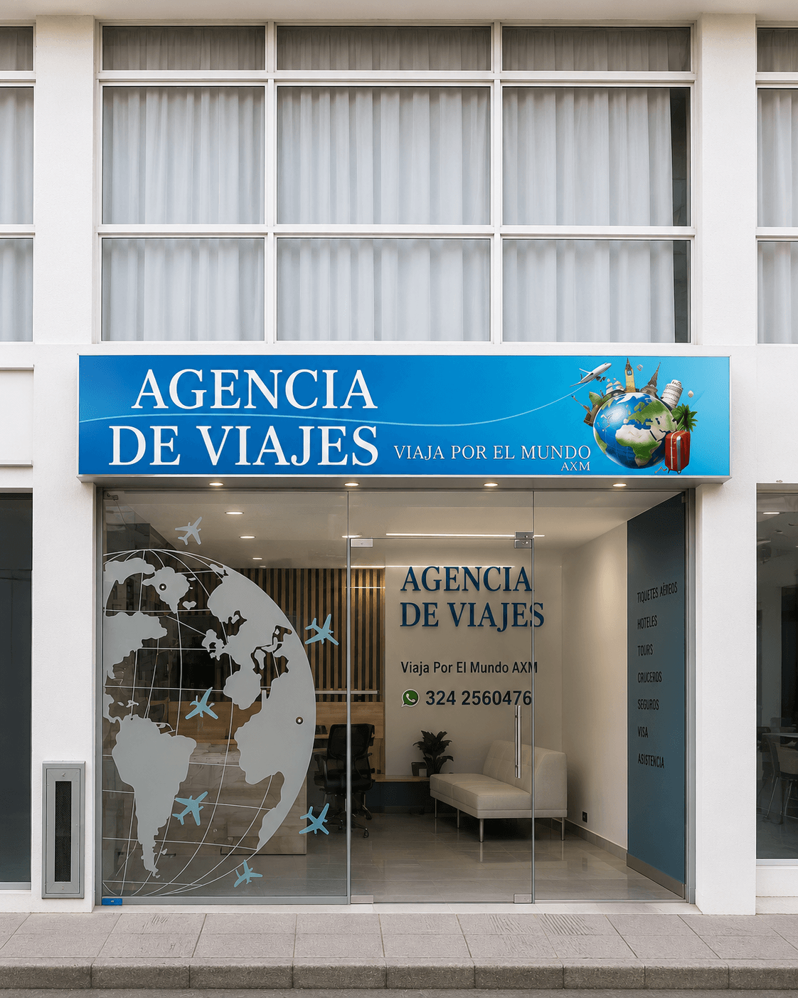 Fachada de la oficina física de Viaja por el Mundo AXM